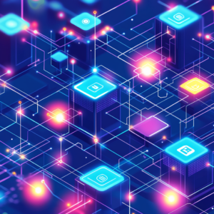 Blockchain chart depicting interconnected blocks, data flow, and security icons.