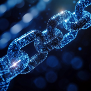 Innovative blockchain visual featuring digital blocks, gears, and circuit elements.