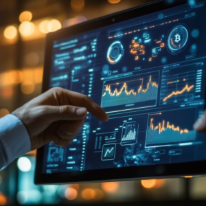 Financial analyst reviewing detailed cryptocurrency market analysis on a digital device in a modern setting.
