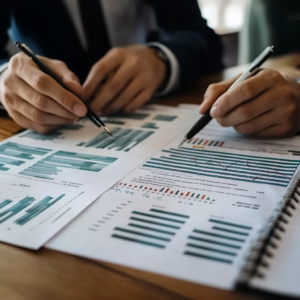 Financial analyst reviewing detailed emerging markets analysis on a digital screen.
