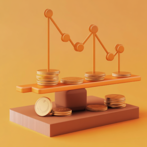 Infographic depicting the risk-reward balance in emerging markets with balance scales and directional arrows.
