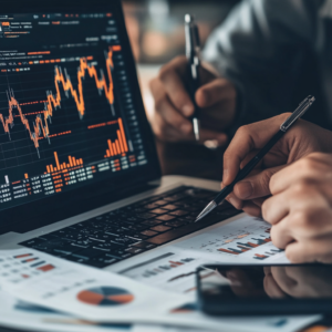 Financial analyst reviewing comprehensive ETF strategy analysis with interactive charts and growth indicators.
