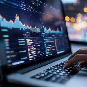Financial analyst reviewing ETF strategy analysis with charts, diagrams, and performance comparisons on a digital screen.