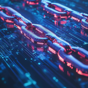 Futuristic representation of blockchain technology with digital elements and abstract patterns.