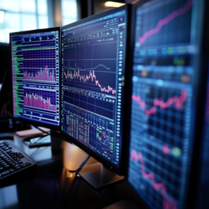 Financial analyst reviewing detailed high-yield investment data on a digital screen in a modern office.