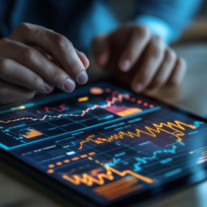 Financial analyst reviewing detailed market trends analysis on a digital screen with interactive charts.