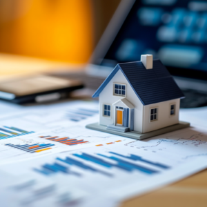 Financial analyst reviewing real estate investment data and charts on a digital device.
