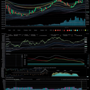 Detailed technical analysis charts featuring candlestick patterns, trend lines, and moving averages.