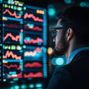 Featured image showcasing technical analysis with candlestick charts, technical indicators, and a focused trader.