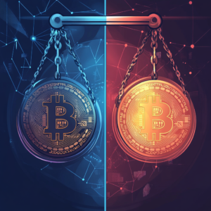 Infographic showing risk-reward balance for top cryptocurrencies with comparison charts and icons.