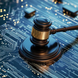 Digital security icon featuring a robust lock over a background of encrypted data and circuit patterns.