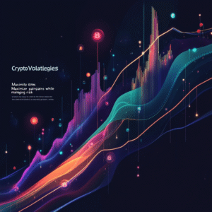 SEO-optimized banner showing a blue-to-purple gradient background, a green and red candlestick chart with trend lines, 3D Bitcoin and Ethereum icons, and the text ‘Crypto Volatility Strategies’ with a ‘Maximize gains while managing risk’ subtitle.
