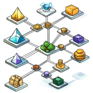 Minimalist overview of blockchain gaming ecosystem showing wallets, players, tokens, and marketplace