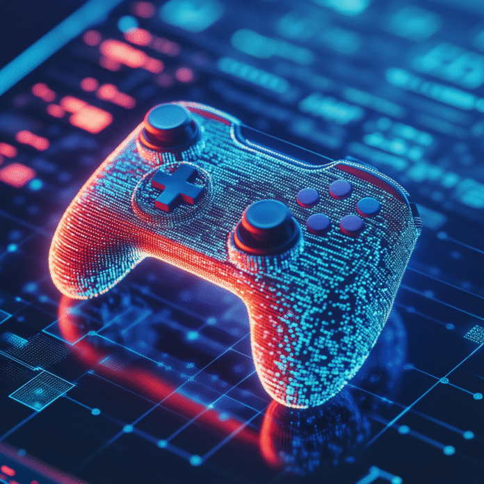 seo-optimized-blockchain-gaming-play-to-earn.jpg Stylized joystick forming an upward arrow surrounded by coins and NFT icons on a purple gradient background