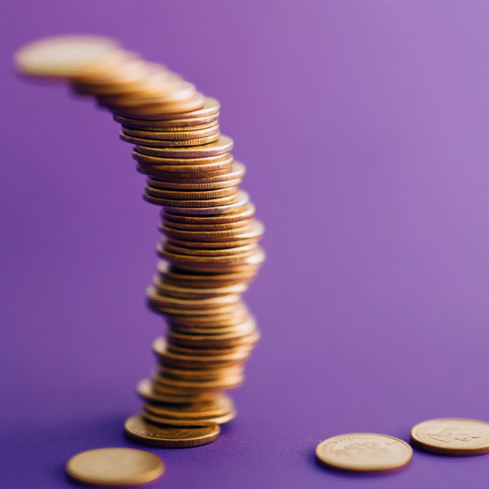 Stack of golden coins morphing into an upward arrow with growth icons on a blue-purple gradient background