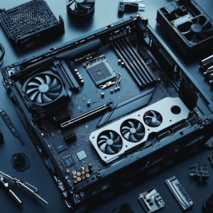 Open-air mining rig frame with motherboard installed and GPUs connected via PCI-E risers