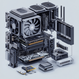 Layout of mining rig components including GPUs, motherboard, SSD, RAM, PSU, and PCI-E risers
