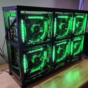 Completed budget crypto mining rig with six GPUs running and displaying hash rates on a monitor