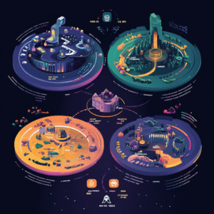 Three pie charts illustrating risk allocation for blockchain gaming portfolio, including diversification, mitigation, and exit strategies