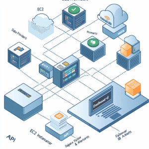 Diagram of trading infrastructure showing data providers, cloud servers, broker APIs, and monitoring dashboard